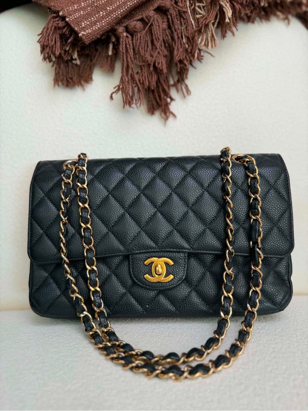 CHANEL Black Quilted Caviar Leather Shoulder Bag with Gold Hardware